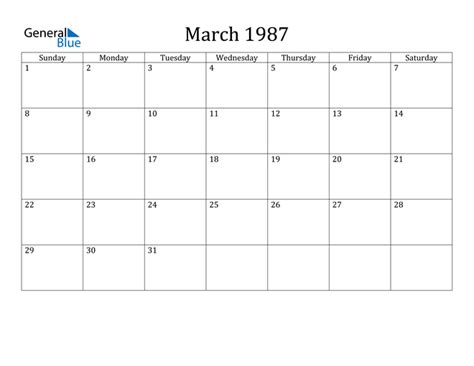March 1987 Calendar Pdf Word Excel