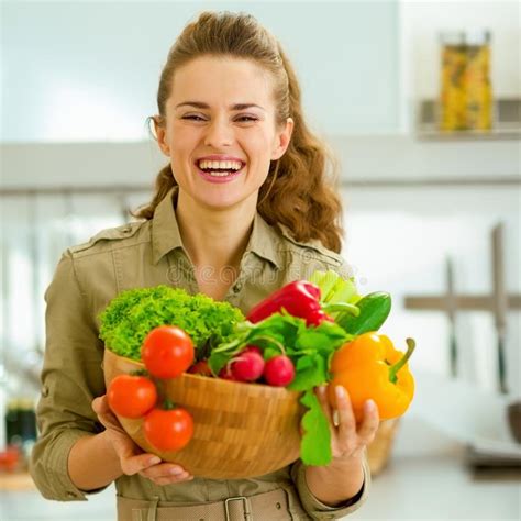 Housewife Holding Plate Full Of Vegetables In Modern Stock Image Image Of Glad Cook 114583435
