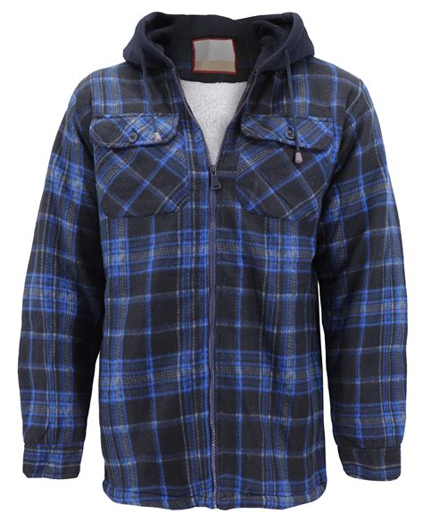 Mens Heavyweight Flannel Zip Up Fleece Lined Plaid Sherpa Hoodie