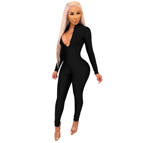Women V Neck Bodycon Jumpsuit Tracksuit Maxi Rompers Long Sleeve