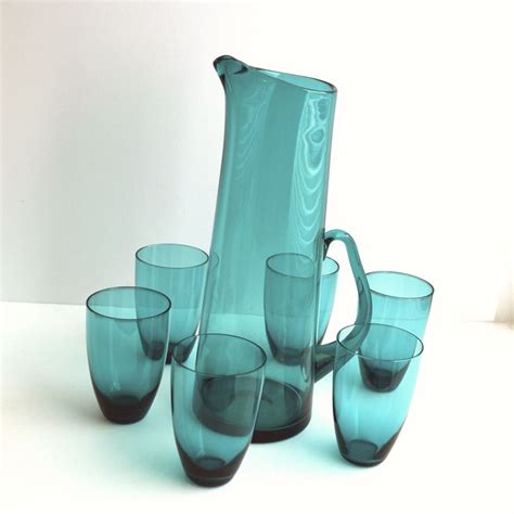 Vintage Hand Blown Teal Glass Jug And 6 Glasses Green Blue Pitcher With Set Of 6 Glasses
