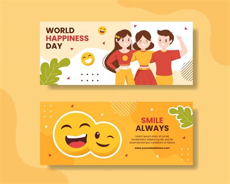 World Happiness Day Horizontal Banner With Smiling Face Flat Cartoon