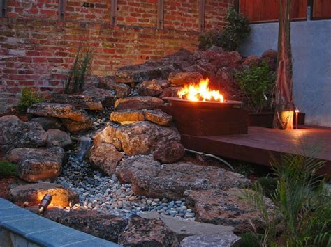Backyard Waterfall With Built In Fire Pit Pondless Waterfall Copper