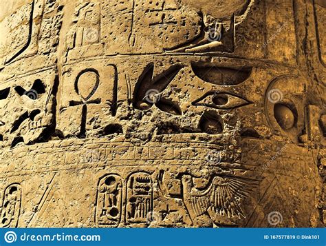 Ancient Egyptian Hieroglyphs In The Karnak Temple In Luxor Stock Image