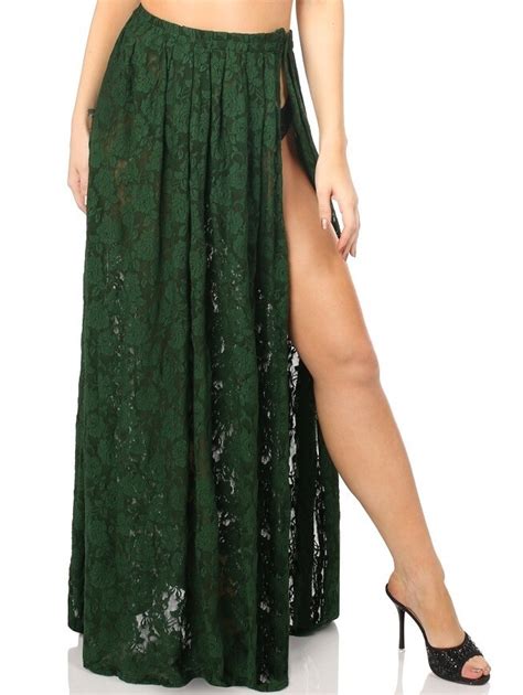 Dark Green Long Lace Skirt With High Slit Store