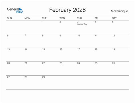 Printable February 2028 Monthly Calendar With Holidays For Mozambique