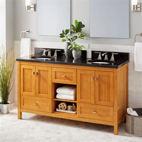 The heavy tops and leg elements were fabricated from engineered bamboo panels and the lighter textural elements were created by inserting bamboo strips into a finished plywood substrate. 60"+Alcott+Bamboo+Double+Vanity+for+Undermount+Sink | Bamboo cabinets, Double vanity, Small ...