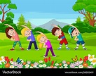 Cartoon little kids exercising in park Royalty Free Vector