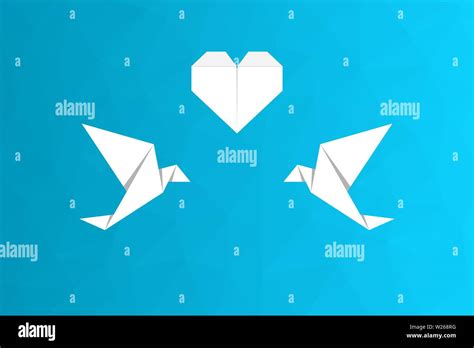 Two White Origami Birds In Love Birds And Heart On Blue Low Poly