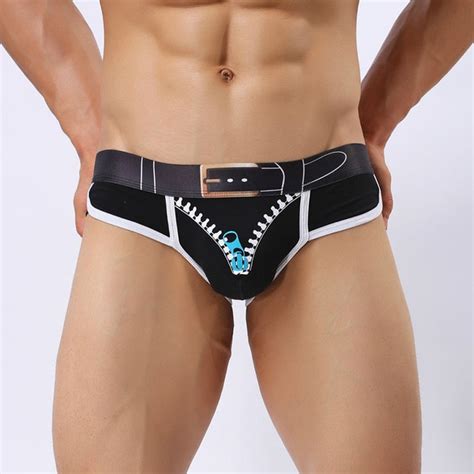 Buy Print Zipper Pattern Cotton Sexy Men Underwear U Convex Pouch Slip Cueca