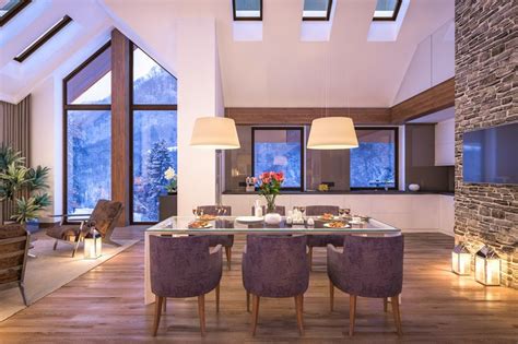 3d Rendering Of Cozy Living Room On Cold Winter Night In The Mountains
