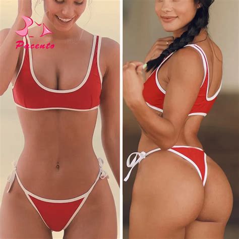 Pacento New Solid Red Bikini Thong Bottom Sport Crop Top Bathing Suits Women High Cut Sexy