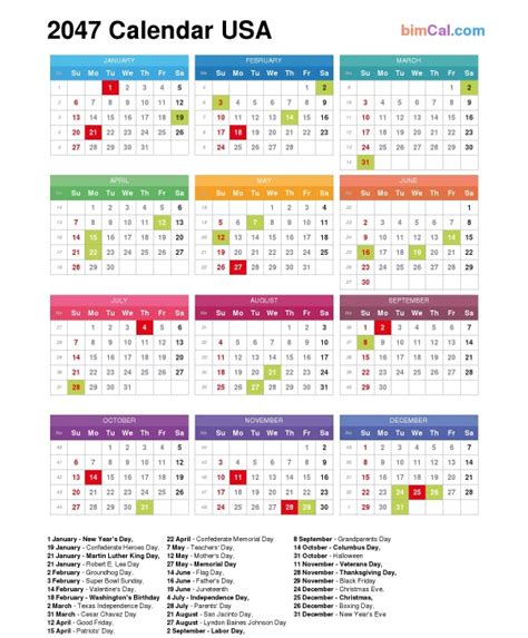 2047 Calendar Usa Bimcal