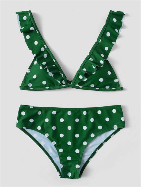 Green Polka Dot Tie Back Ruffle Bikini Bikinis Ruffled Bikini Print Bikini