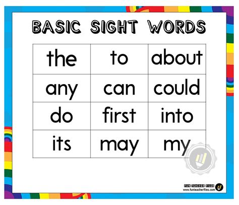 Basic Sight Words Charts Fun Teacher Files