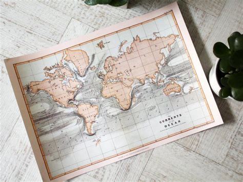 Ocean Currents World Map Lithograph Print Etsy