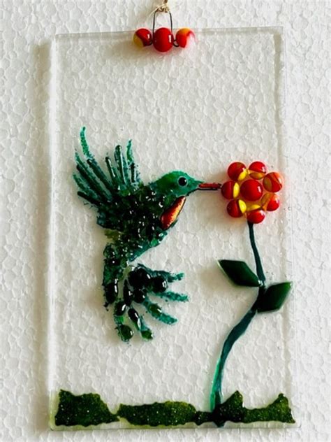 Hummingbird And Flower Fused Glass Suncatcher Hummingbird Etsy