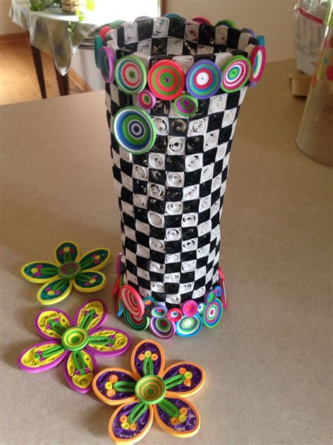 My First Quilling Project Almost Complete Whimsical Flowers And A Checkerboard Vase Paper