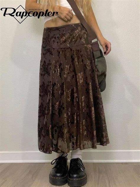 Rapcopter Y2k Brown Velvet Pleated Skirts Grunge Fairycore Floral Midi