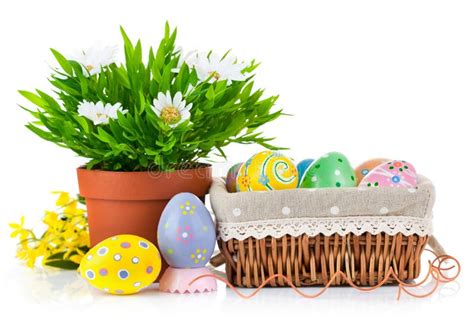 Easter Eggs In Basket With Spring Flowers Stock Photo Image Of