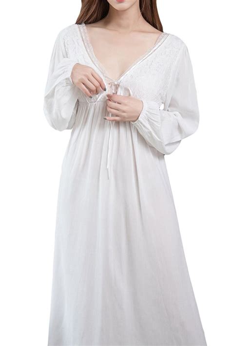 Womens Long Sleeve Vintage Lace V Neck Nightgown Cotton Sleepwear White Cf187yzwxniwomens