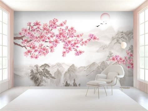 Cherry Blossom With Mountain Landscape Wallpaper Mural Mural