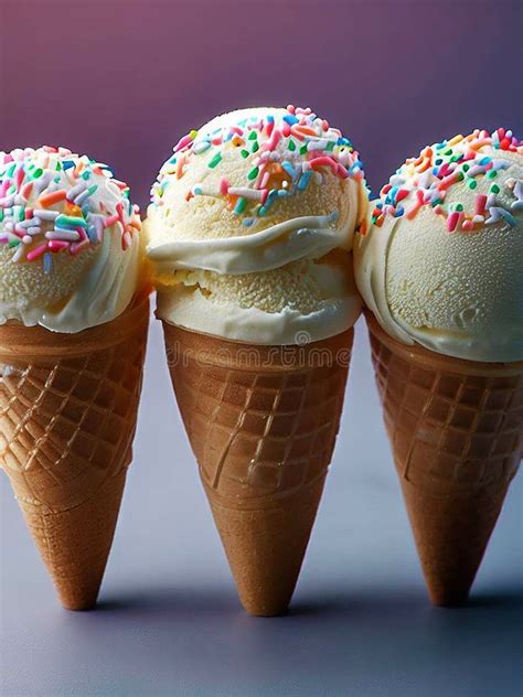 Delicious Ice Cream Cones With Toppings And Sprinkles Stock