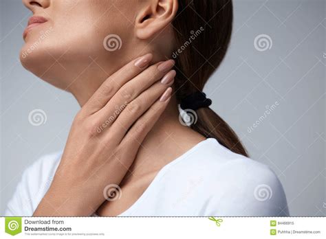 Throat Pain Closeup Woman With Sore Throat Painful Feeling Stock