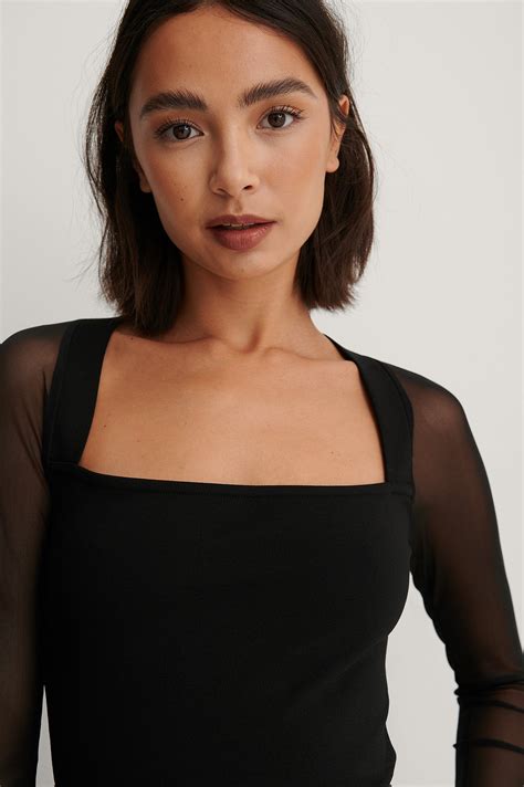 Square Neck Mesh Detail Top Black | na-kd.com
