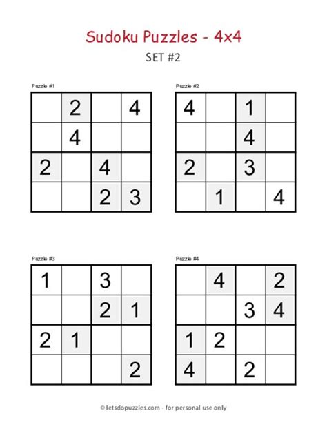 4x4 Sudoku Puzzles For Kids
