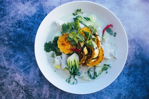 Rice Noodles And Coconut Matcha Broth With Delicata Squash Baby Bok Choy