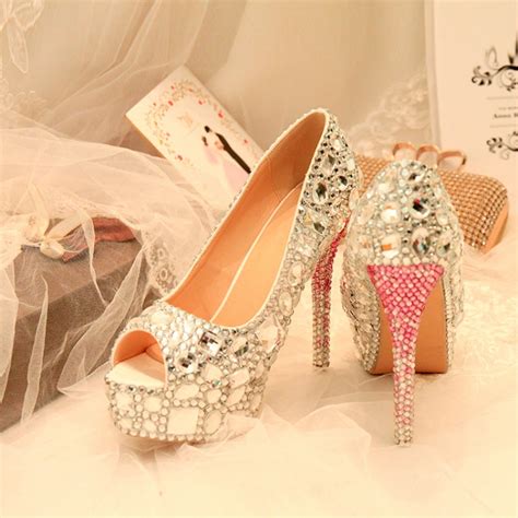 crystal wedding peep toe shoes silver bride women diamond ultra sexy thin high heel rhinestone