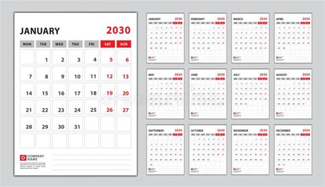 Calendar 2030 Year Vector Illustration Set Of 12 Calendar Week Starts