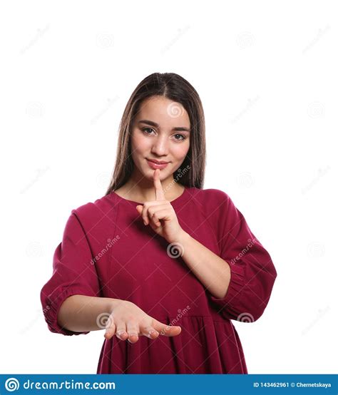 Woman Showing Hush Gesture In Sign Language On White Stock Image