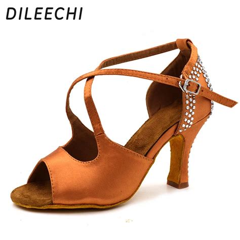 Dileechi Womens Bronze Satin Latin Dance Shoes Rhinestones Salsa Square Ballroom Dancing Shoes