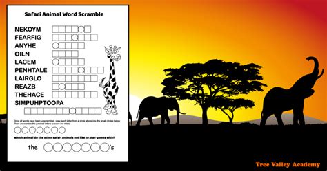 African Safari Animals Word Scramble Tree Valley Academy