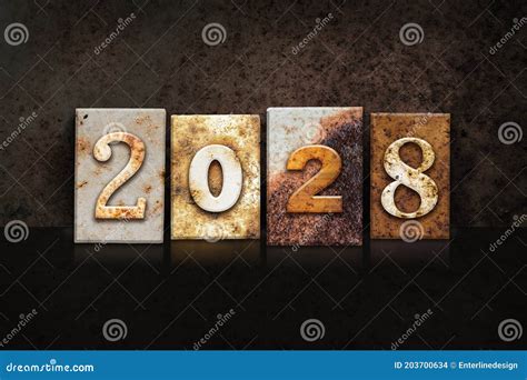 Year 2028 Written In Vintage Letterpress Block Type Stock Photo Image
