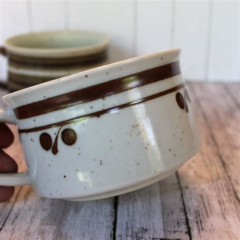 Vintage Soup Bowl Mug With Handle Set Of Gray Stoneware With Brown