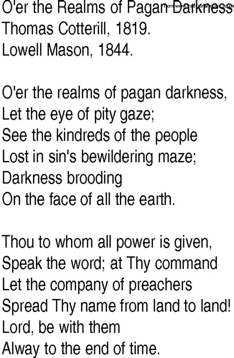 Hymn And Gospel Song Lyrics For Oer The Realms Of Pagan Darkness By