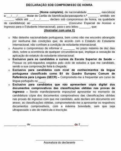 Declaração Padrão Para Compromisso De Honra