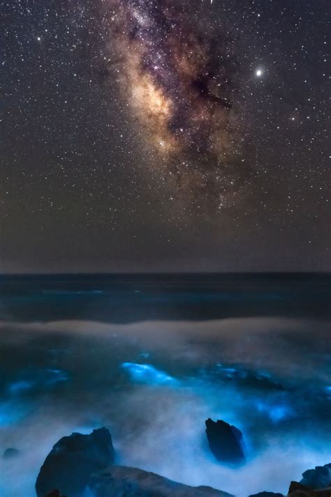 Beautiful Milkyway With Bioluminescent Plankton In The Ocean