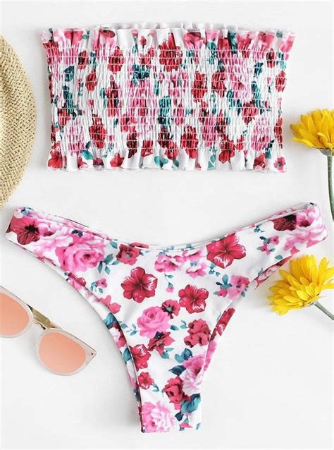 2019 Strapless Smocked Bikini Set Shirred Padded Swimwear Bandeau