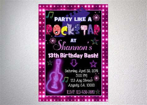 Custom Rockstar Invitation Pink Neon Glow Birthday Party Etsy