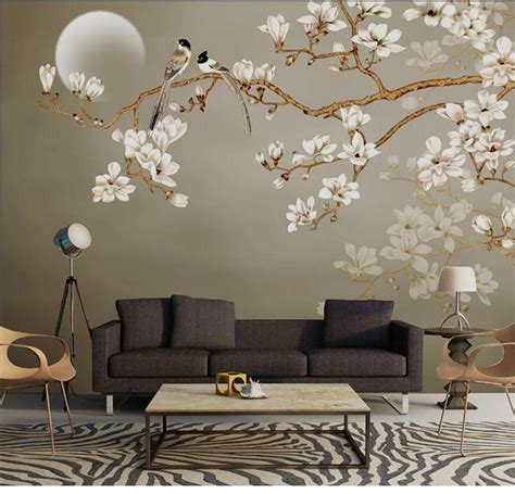 One Large Branch Tree White Flowers Wallpaper Wall Mural Etsy Wall