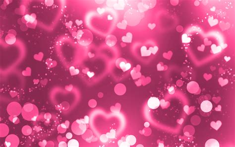 Download Wallpapers Pink Glare Hearts 4k Pink Glitter Background