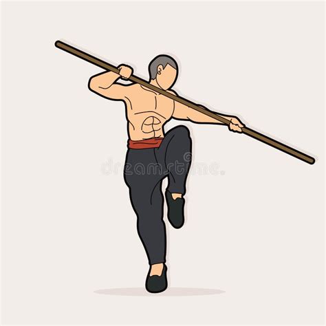 Man With Quarterstaff Action Kung Fu Pose Graphic Stock Vector