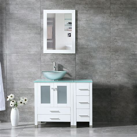 Wonline 36 Modern Bathroom Vanity Single Cabinet Round Vessel Sink Glass Countertop Walmart