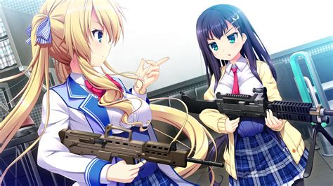 2girls Black Hair Blonde Hair Blue Eyes Game Cg Giga Gun Harvest Overray Long Hair Mikami Riria