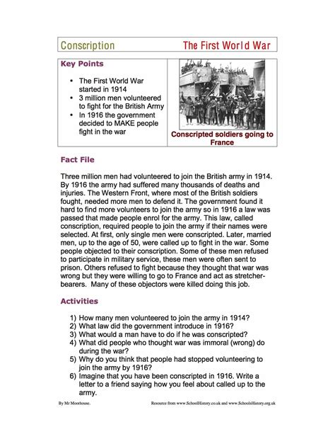 World War 1 Conscription Mid Ability Facts Worksheet