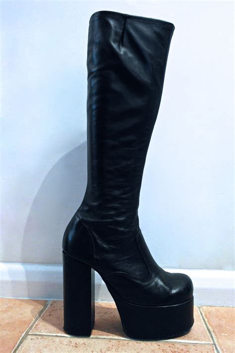 Vintage 1970s PLATFORM BOOTS Skin Tight Black Leather Knee Etsy